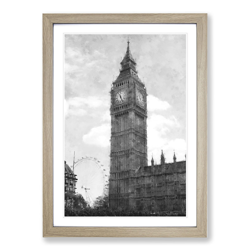 Big Ben and the London Eye Vol.1 - Picture Frame Painting, Oak Framed, 48cm H x 36cm W x 2cm D