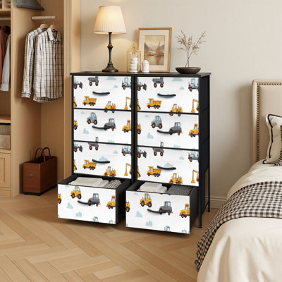 4 Drawer Vertical Storage Dresser Hand drawn cute cars Truck tractor cargo crane bulldozer with Wood Top Fabric Pull Drawers