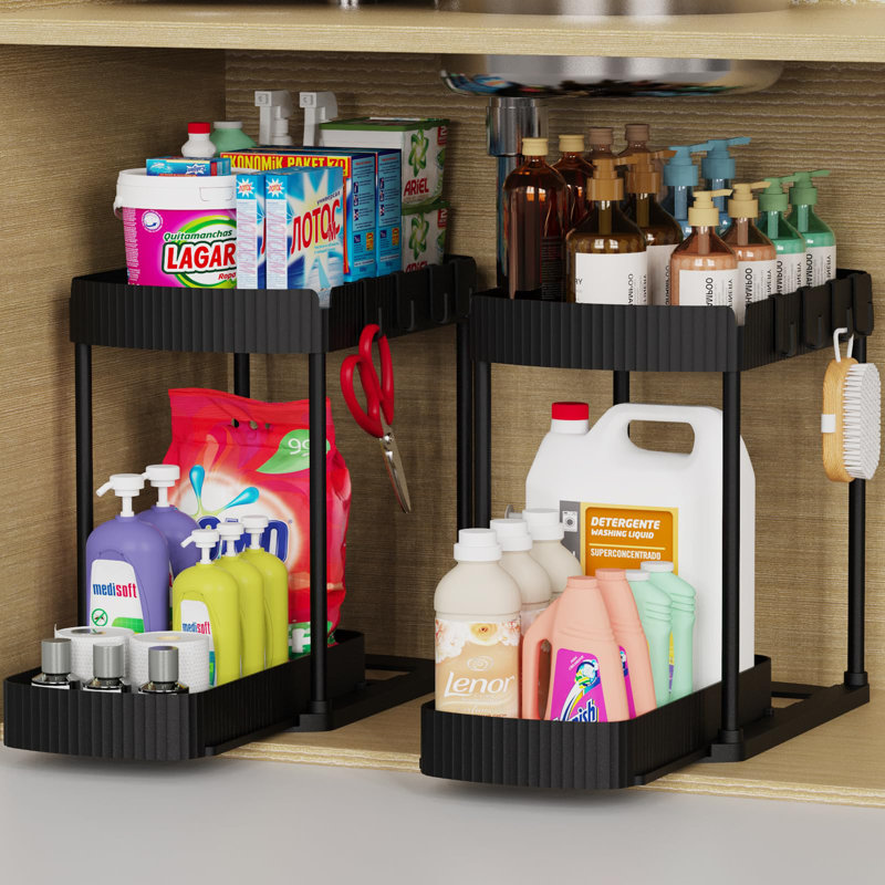 Sous le lavabo, ensemble de 2 armoires coulissantes à 2 niveaux avec hauteur ajustable, grande tablette en maille de métal pour le rangement des armoires de salle de bain