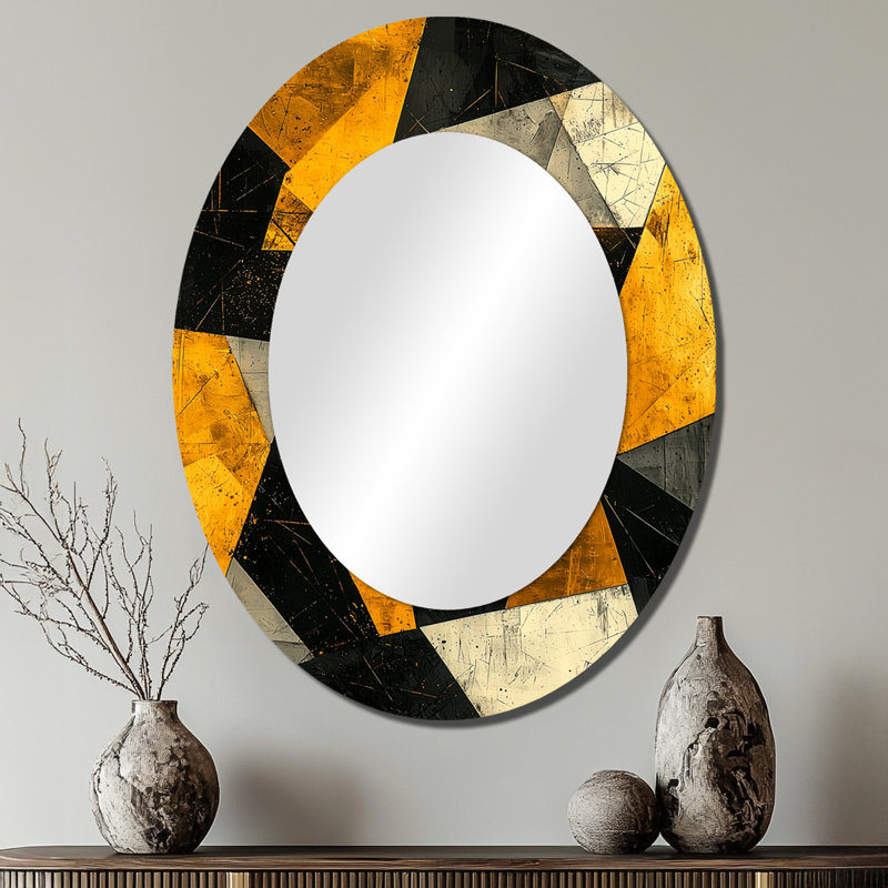 Black Yellow Fragmentation Abstract Shapes V - Large Oval Wall Mirror On Metal, 40" x 30"