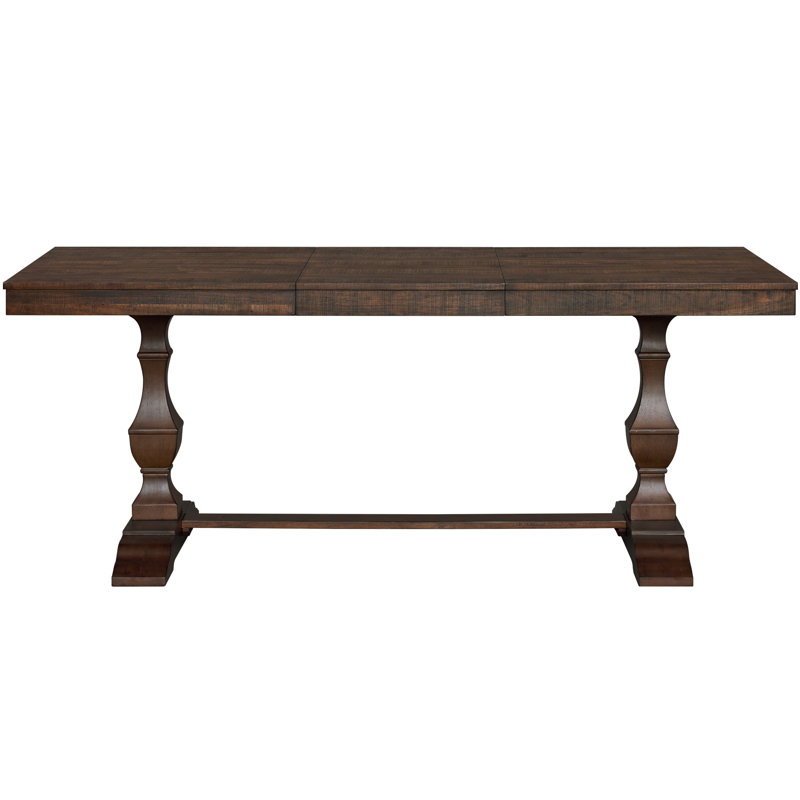 74.8-Inch Long Vintage Farmhouse Dining Table For 6-8 People, 6.23 Ft Rustic Kitchen Table With Sturdy Wooden Frame, Features Weathered Walnut Textured Tabletop, T-Shaped Carved Solid Wood Double  Pedestal Legs, Non-Extendable, Dark Brown