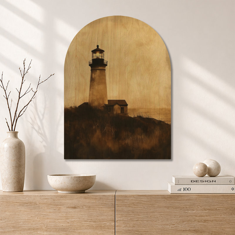 Phare du Crépuscule Doré IV - Décoration murale en bois arqué sur le thème de l'océan, H 24 po x l 18 po, Arche