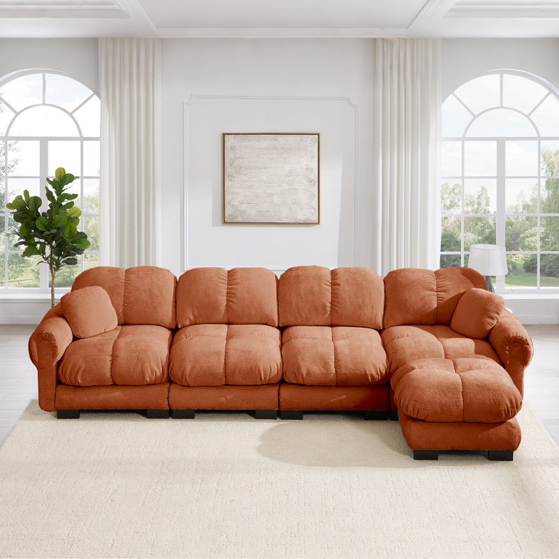 Ensemble de canapé modulaire surdimensionné en chenille avec coussins et 1 repose-pieds, orange terre cuite, 1 repose-pieds