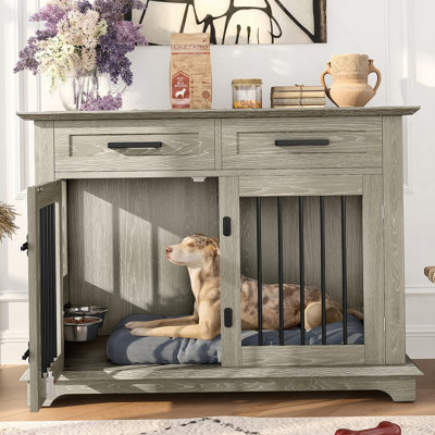 Accent Cabinet, Dog Crate Furniture, Indoor Wooden Dog Kennel With Storage Drawers And Rotating Bowls For Medium Dogs