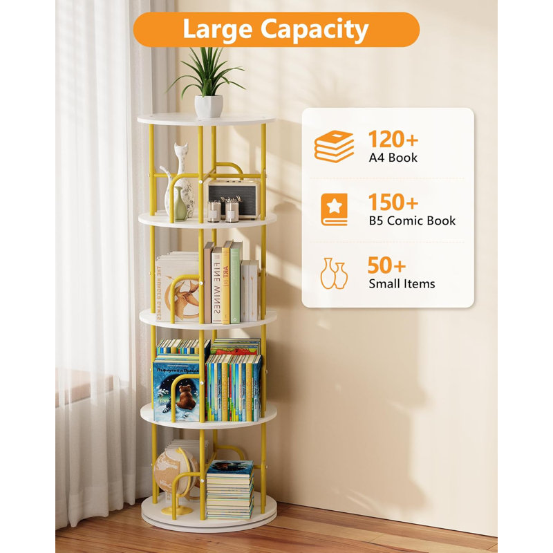 5-Tier Rotating Bookshelf, 360° Spinning Bookcase Tower, Space-Saving Stackable Storage Organizer For Home Office, Kids Room, And Small Spaces