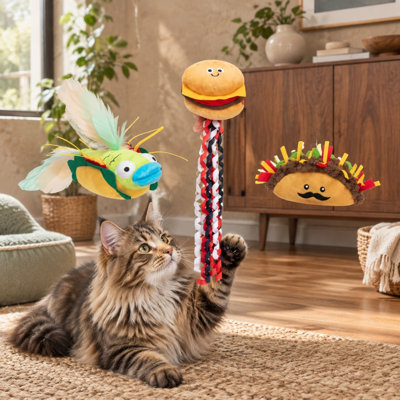 Hamburger, Taco & Hot Dog shapes make up this 3 PCS set of stuffed plush catnip feather toys, with crinkle ribbons for kitten biting, kicking, chewing, and exercise.