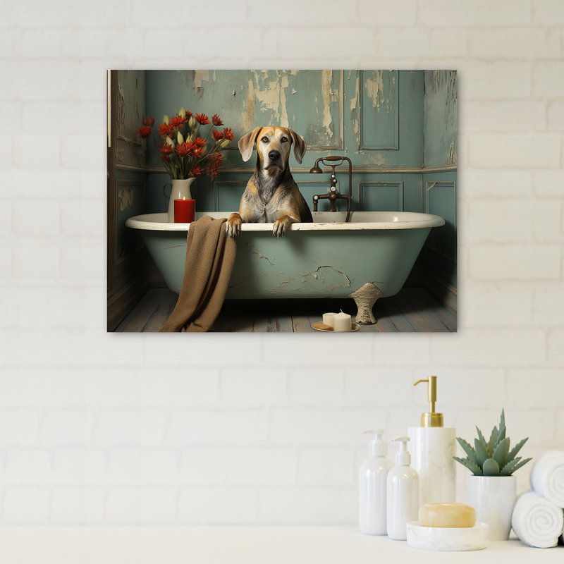 Red Floral Doggy Bath Haven - Art mural de salle de bain, H 30 po x l 40 po x P 1,5 po