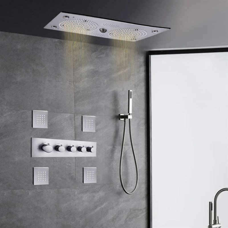 Système de douche à pluie encastré et plafonnier encastré musical à DEL gris et gris Gunmetal