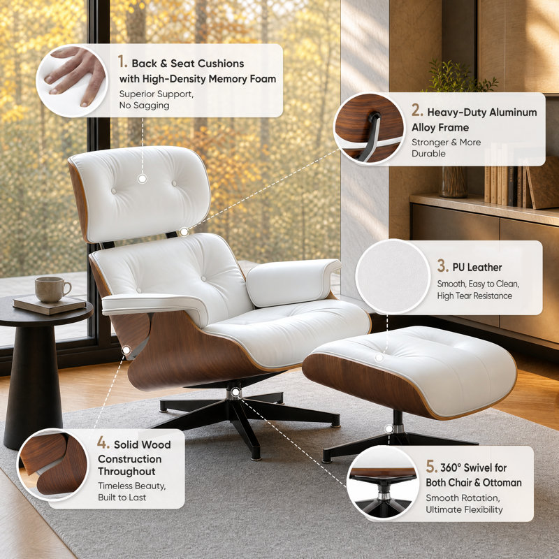 Lounge Chair with Ottoman, Mid Century Modern Accent Chair, Upholstered Chaise Lounge Chair, Solid Wood Frame, Heavy-Duty Aluminum Alloy Base for Home Office and Living Room