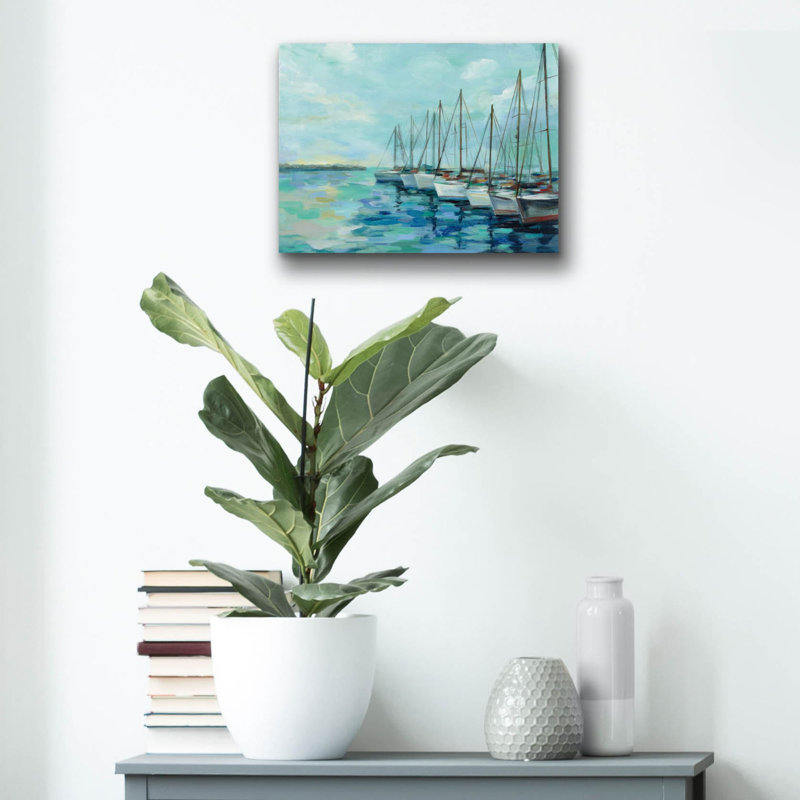  Art mural en verre «Breakwater And Boats» par Silvia Vassileva, 16 po x 12 po