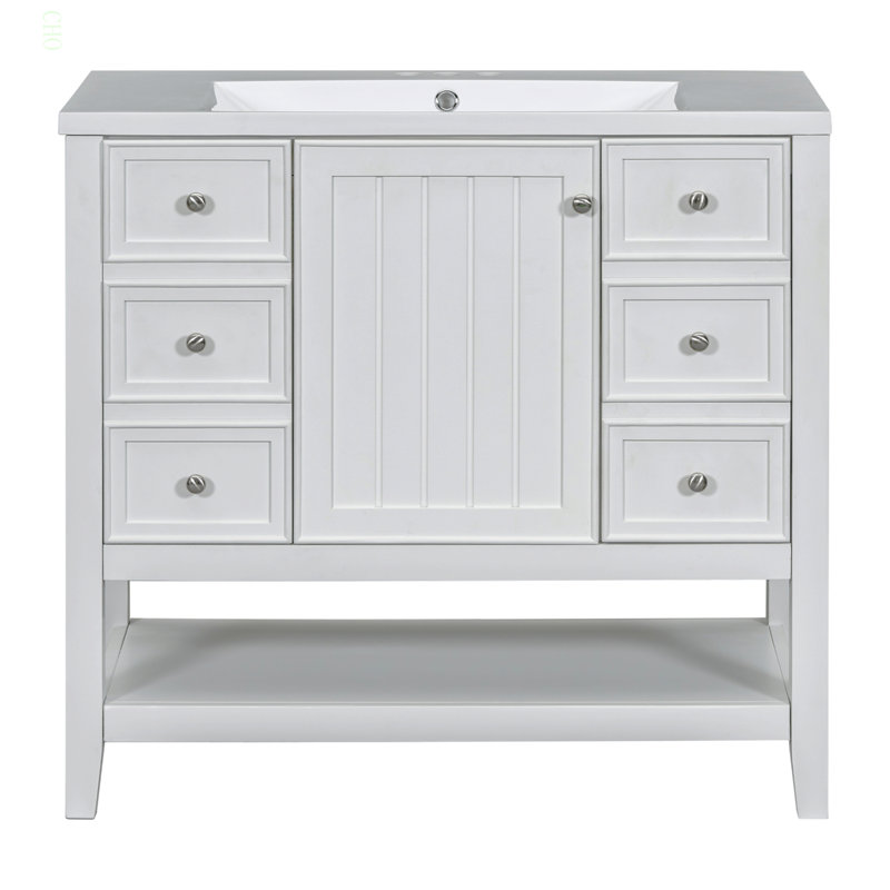 Ensemble de meuble-lavabo 36 po avec lavabo, une armoire et trois tiroirs, panneau en bois massif et panneau de fibres à densité moyenne, blanc