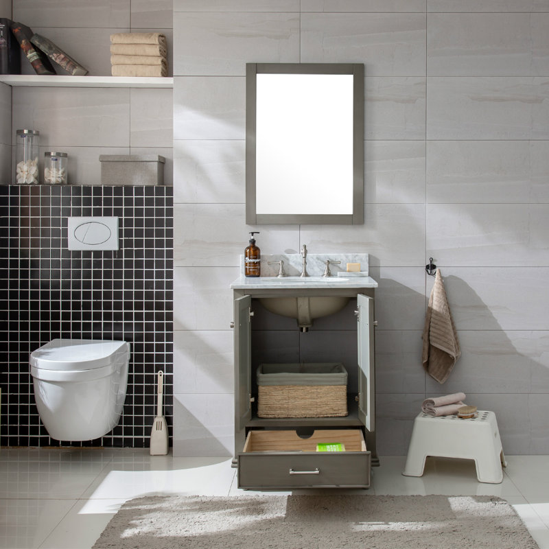 Ensemble de meuble-lavabo simple 24 po Angelissa, Gris argenté / nickel brossé, Pierre naturelle blanc de Carrare