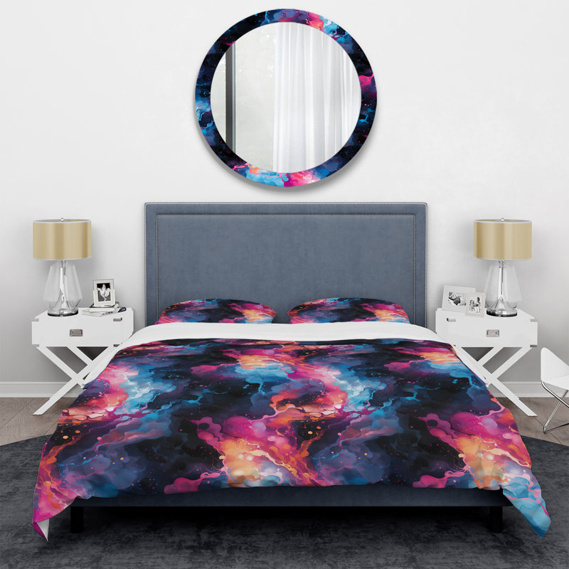 Literie en marbre rose et bleu Galactic Dreams, Housse de couette pour très grand lit et 2 très