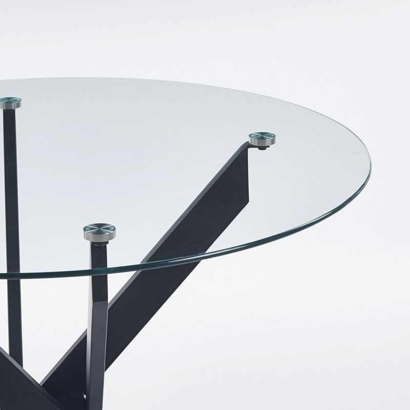 Table de salle à manger noire avec pieds croisés en métal et verre trempé, table de cuisine moderne pour le salon, Black