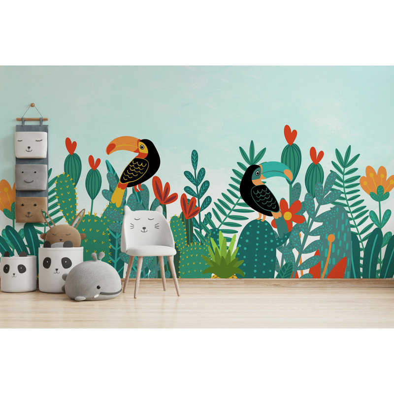 Papier peint jungle tropicale avec fleurs de cactus, L 105,96 po x l 187 po