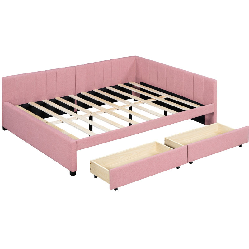 Lit double tapissier pleine grandeur avec 2 tiroirs en lin rose, sans sommier, lit de jour robuste avec rangement en lin rose - un support pour un sommeil paisible