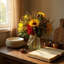 Sunflower, Hydrangea and Pomegranate Fall Arrangement in a Glass Vase