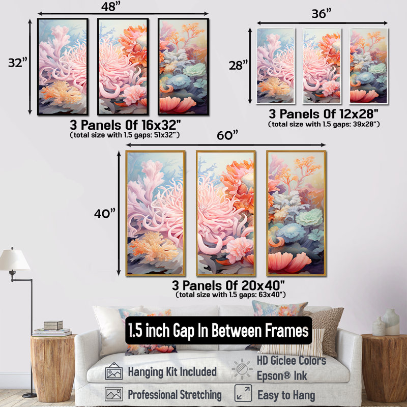 «Pink Anemone Symphony - Coastal Coral Under Water», art mural sur toile, Cadre flottant blanc, H 40 po x l 60 po x P 1 po