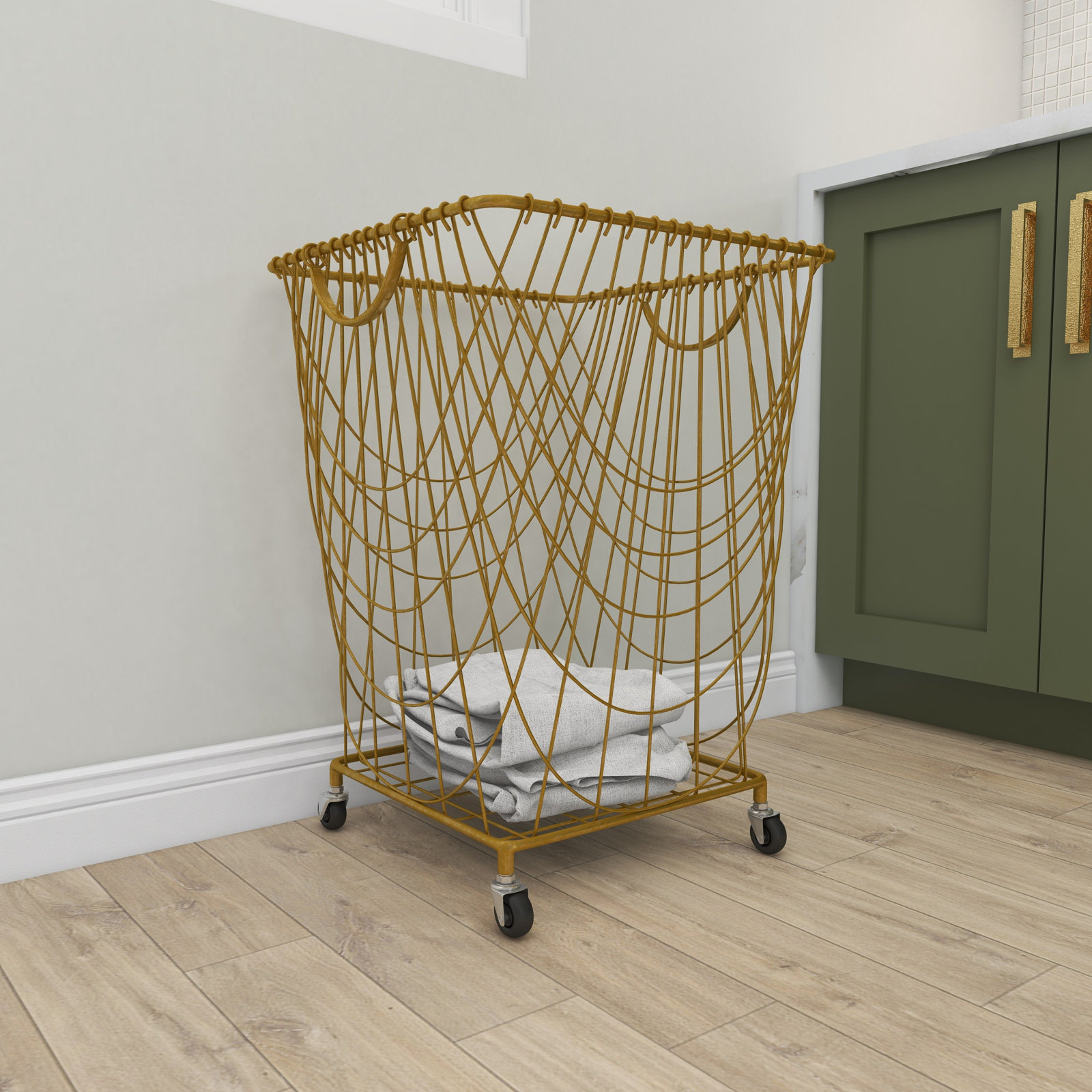 Metal Deep Set Metal Mesh Laundry Basket Storage Cart with Wheels and Handles, Gold, Medium ( 24" H x 16.85" W x 16.55" D)