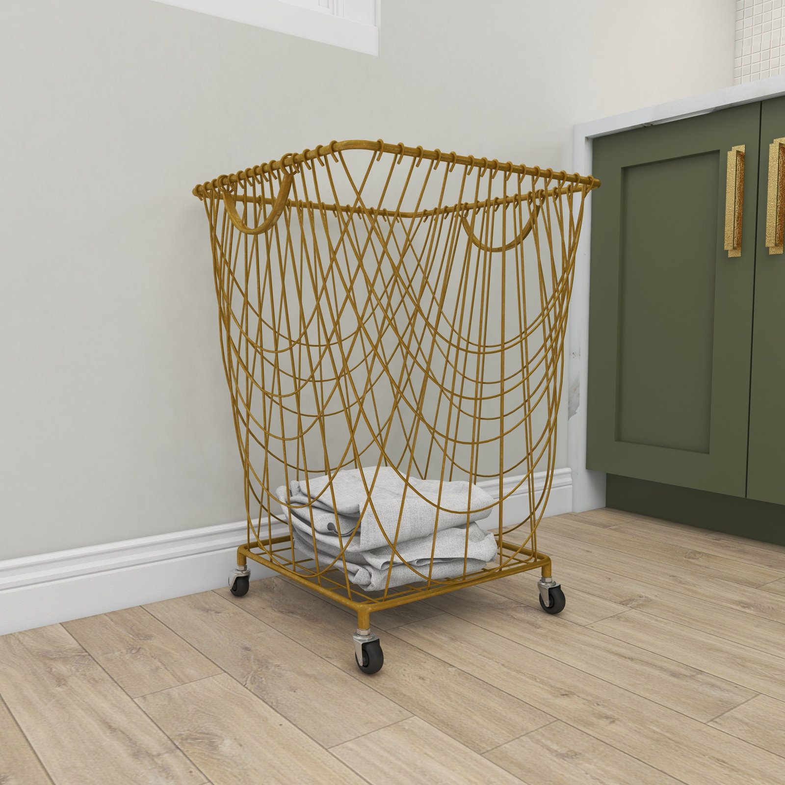 Metal Mesh Rolling Laundry Cart, Gold, Medium ( 24" H x 16.85" W x 16.55" D)