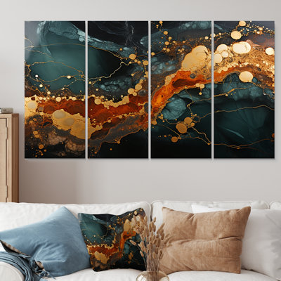 Or et vert sérénité abstrait marbre rêveur III - marbre abstrait 4 pièces, art mural