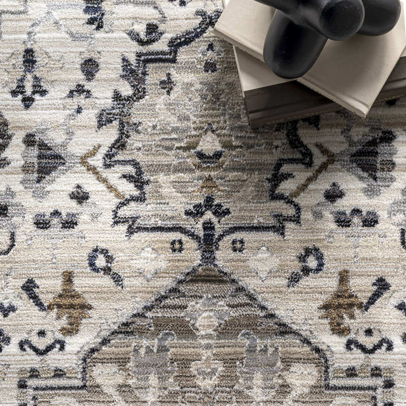 Uriegas Performance Medallion Fringed Beige/Gray/Brown Rug, Rectangle 8' x 10'