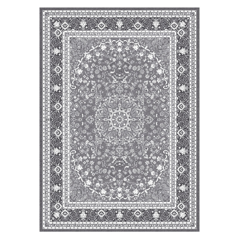 9'X12' Washable Vintage Boho Floral Area Rugs Super Soft Faux-Wool Non-Slip Low Pile Grey White, Rectangle 9' x 12'