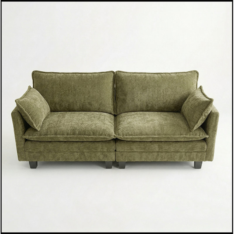 Canapé-lit moderne en chenille vert moderne, canapé compact à 2 places avec deux ports de chargement USB et poches latérales, idéal pour les petits espaces