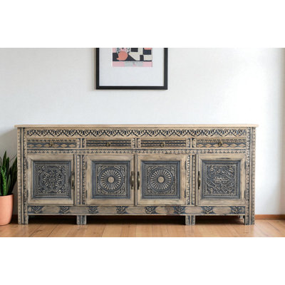 102" Natural And Black Distressed Solid Wood Carved Geometric Four Drawer Sideboard