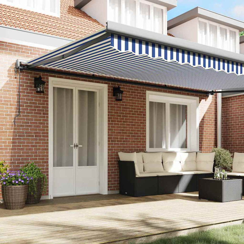 Ebern Designs Fabric Cover Retractable Patio Awning, 500cm H x 300cm W, Blue;White/Black Striped