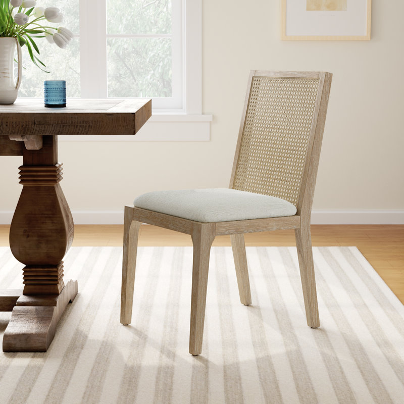 Brown Upholstered Wood and Cane Side Chair
