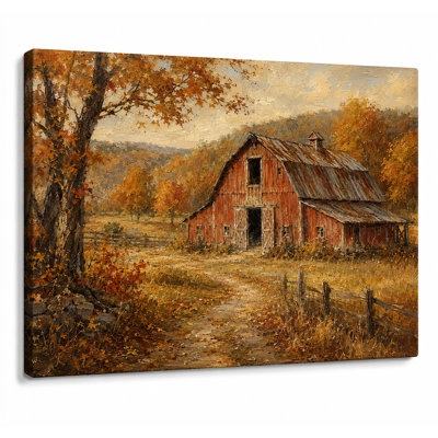 Golden Hour Barn Wrapped Canvas Wall Art, Sunset Farmhouse Landscape Decor