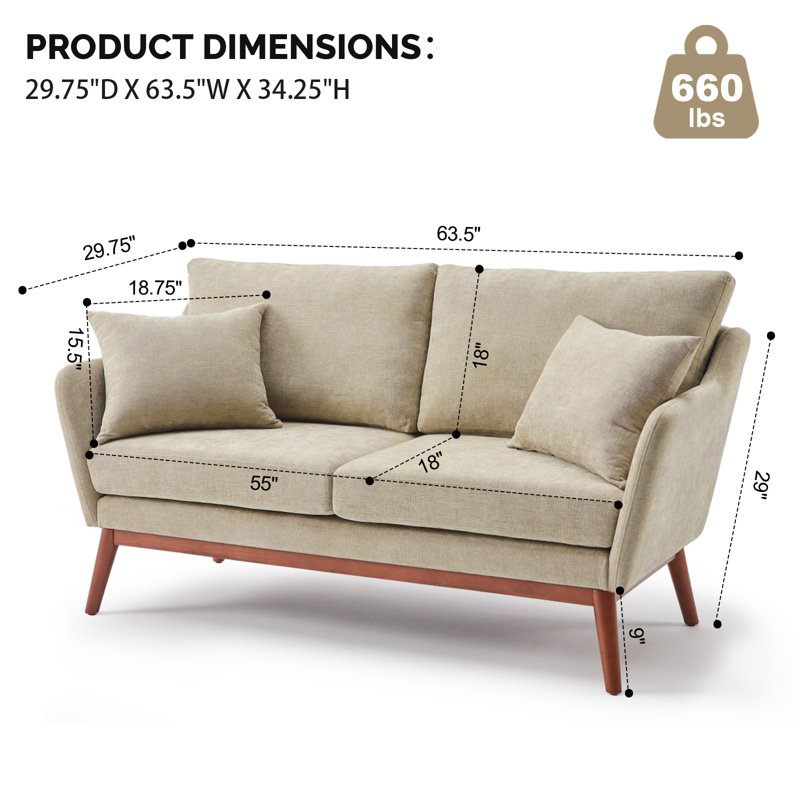 Linen Blend Mid-Century Modern Small Spaces Loveseat Two-Seater Sofa With Solid Wood Base, khaki