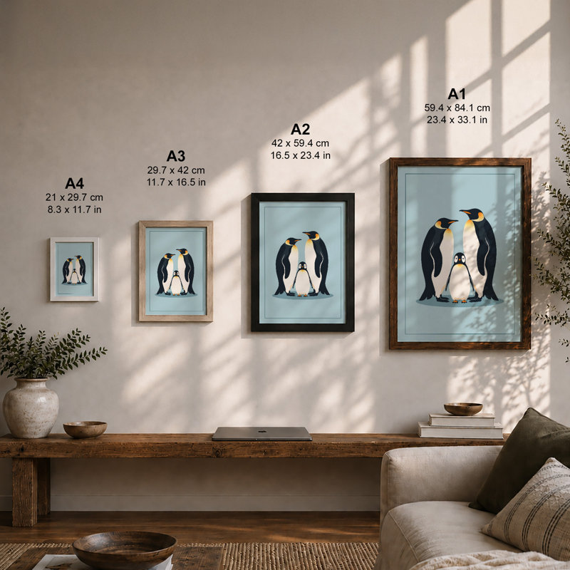 Three Emperor Penguins Minimalist - Framed Print, A2 - 59.4 x 42.0 cm, Black
