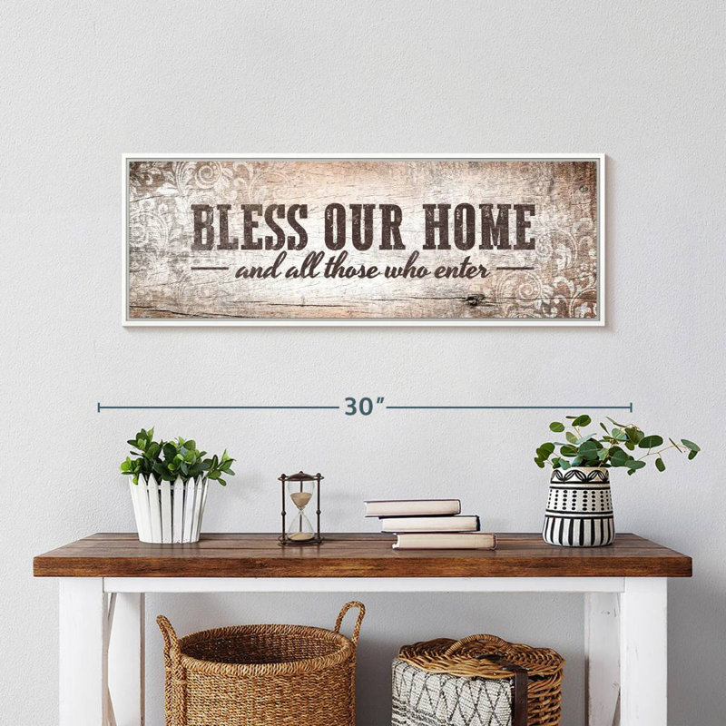 Plaque murale «Bless Our Home», Cadre flottant blanc, 28 po x 10 po