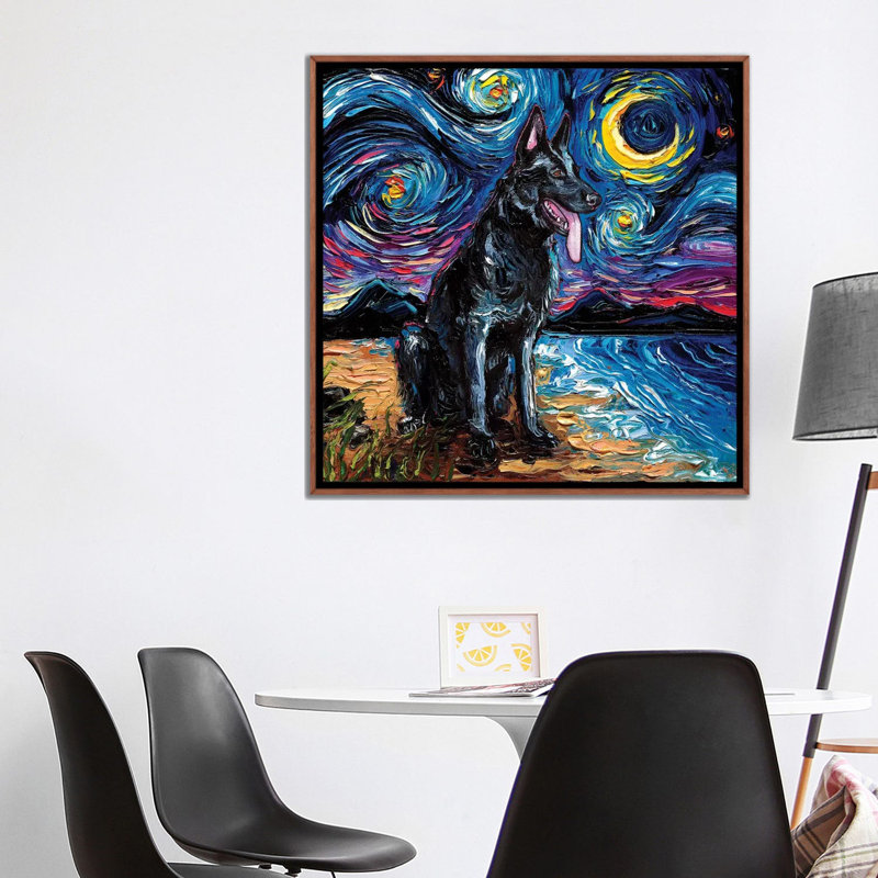 «Black German Shepherd Night» par Aja Treves - reproduction d'art, H 37 po x l 37 po x P 1,5 po, Pas de tapis