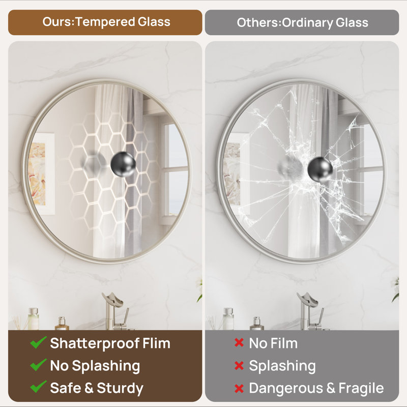 Round Bathroom Mirror with Tempered Glass, 24" x 24", Nickel