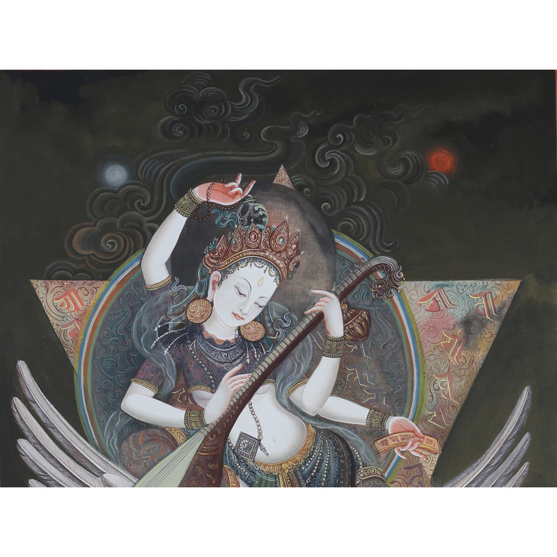Newari Goddess Saraswati (Brocadeless Thangka) | Water Colour On Cotton