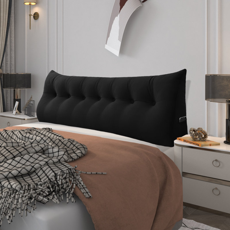 Coussin de lecture de tête de lit en velours de coton avec housse amovible et lavable, Très grand lit, Noir