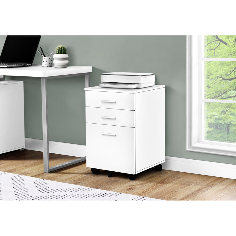 Classeur mobile pour bureau, finition blanche, design moderne, glissières de tiroir lisses, rangement de bureau productif sur roulettes, style contemporain, tracas