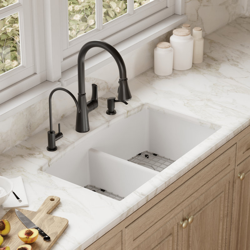 Karran Quartz 32-1/2'' X 19-1/2'' Double Bowl 50/50 Undermount Kitchen Sink Kit, White