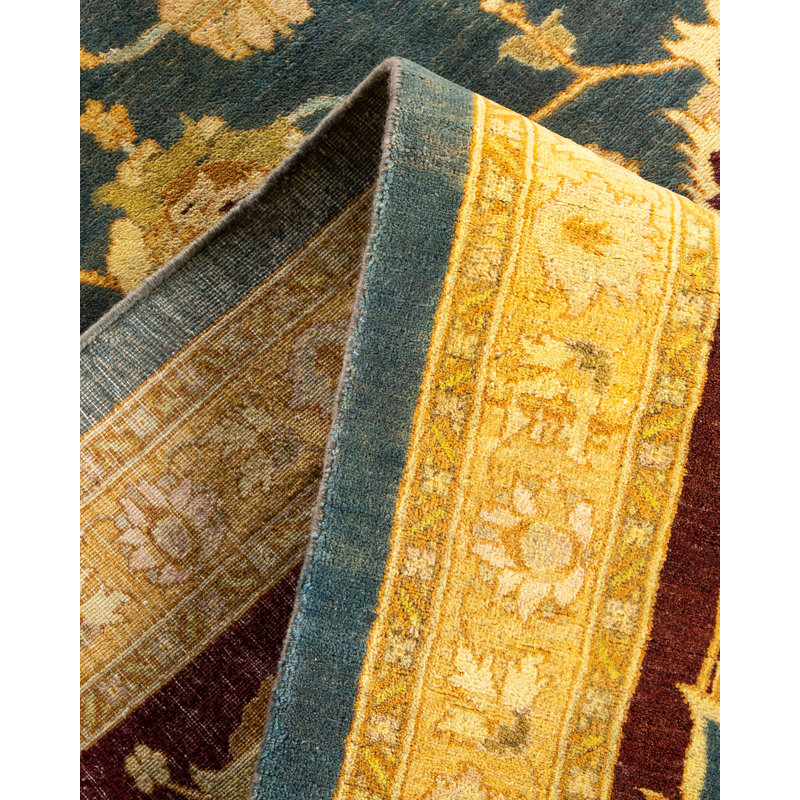 Tapis unique jaune / bleu sarcelle / marron noué à la main Varpu Mogul 10 pi 1 po x 14 pi 4 po