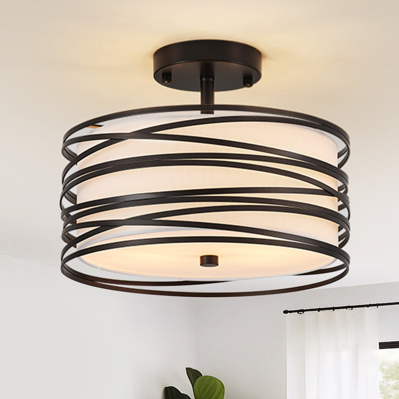 Modern Drum Linen Semi Flush Mount Ceiling Light Fixture, Matte Black