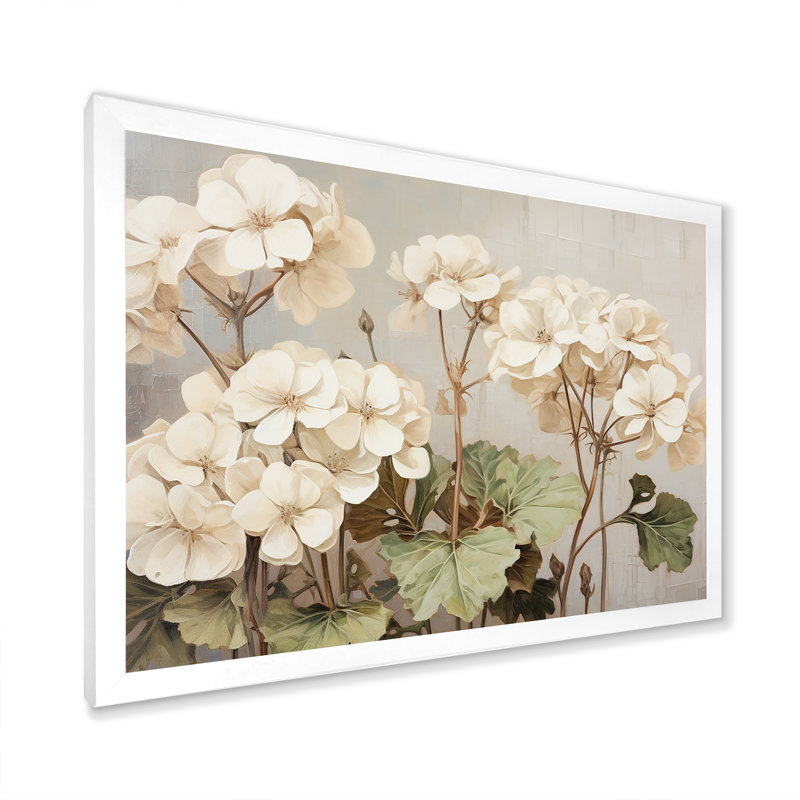 Minimalisme beige géraniums III - impression, Cadre simple blanc, H 34 po x l 44 po x P 1,5 po