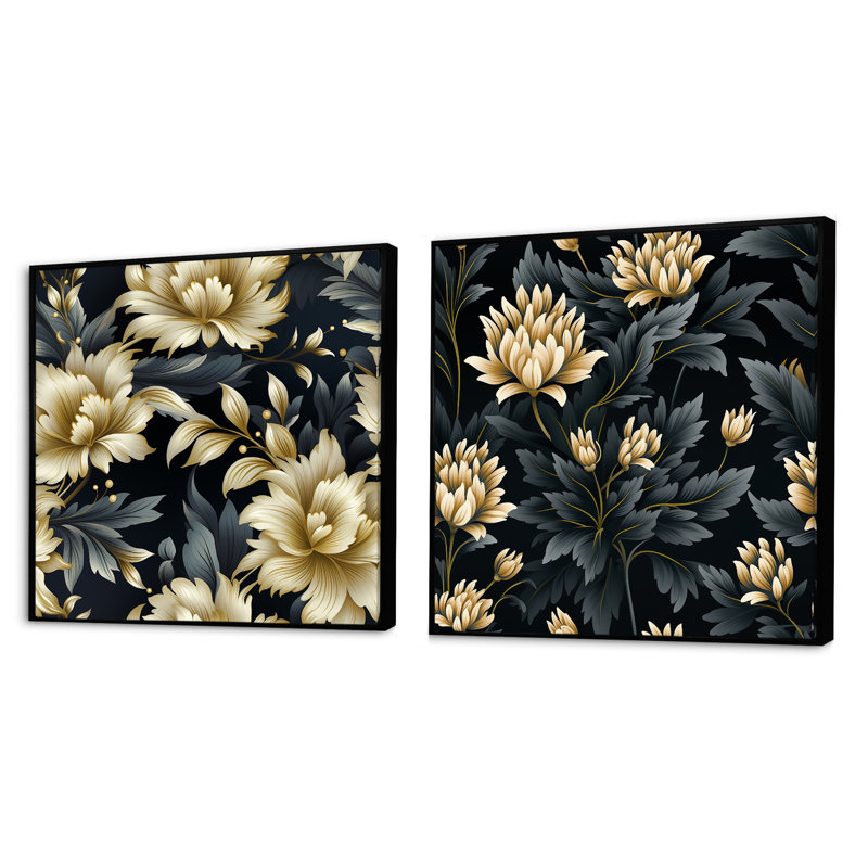 Joana - Ensemble de 2 collages carrés botaniques abstraits, Cadre flottant noir, H 30 po x l 61 po