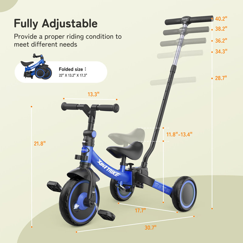 Tricycle pour tout-petits avec poignée-poussoir Besrey 1-5 ans pour filles / garçons, Bleu
