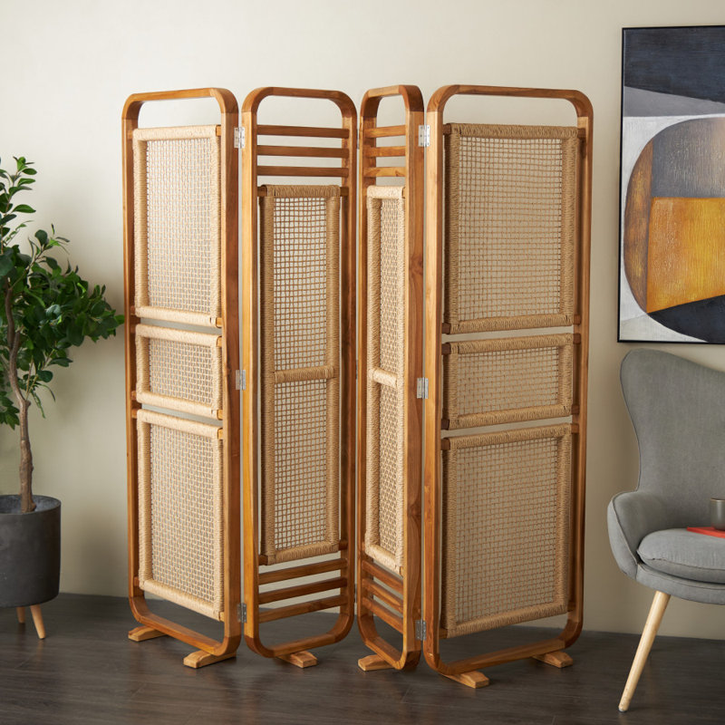 Paravent en bois de teck cloisonné pliable à 4 panneaux en teck avec panneaux en rotin tissés à la main