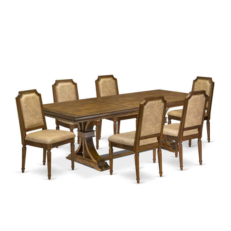 Ensemble de table de salle à manger 7 pièces Mid-Century composé d'une table de cuisine et de 6 chaises de salle à manger en cuir de polyuréthane beige avec dossier haut - Finition noyer antique