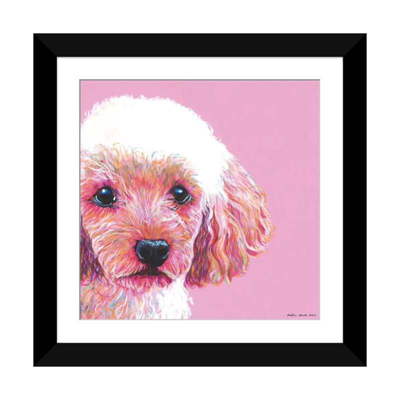 «Poodle On Pink, Square» par Kirstin Wood, impression sur toile, H 24 po x l 24 po x P 1 po, Papier beaux-arts encadré noir