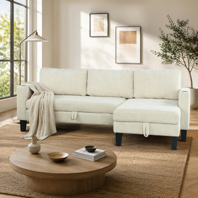 Canapé modulaire réversible avec méridienne de rangement, accoudoir avec porte-gobelet, rangement et ports USB, canapé-lit en velours côtelé moderne en tissu pour salon, chambre à coucher, appartement, bureau